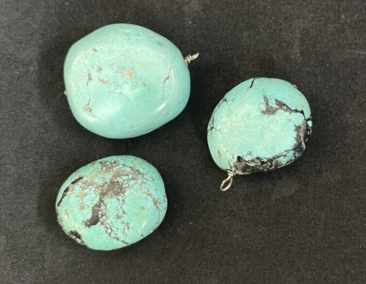 3 Genuine Vintage Turquoise Nugget Beads Large Blue Green Sterling Silver