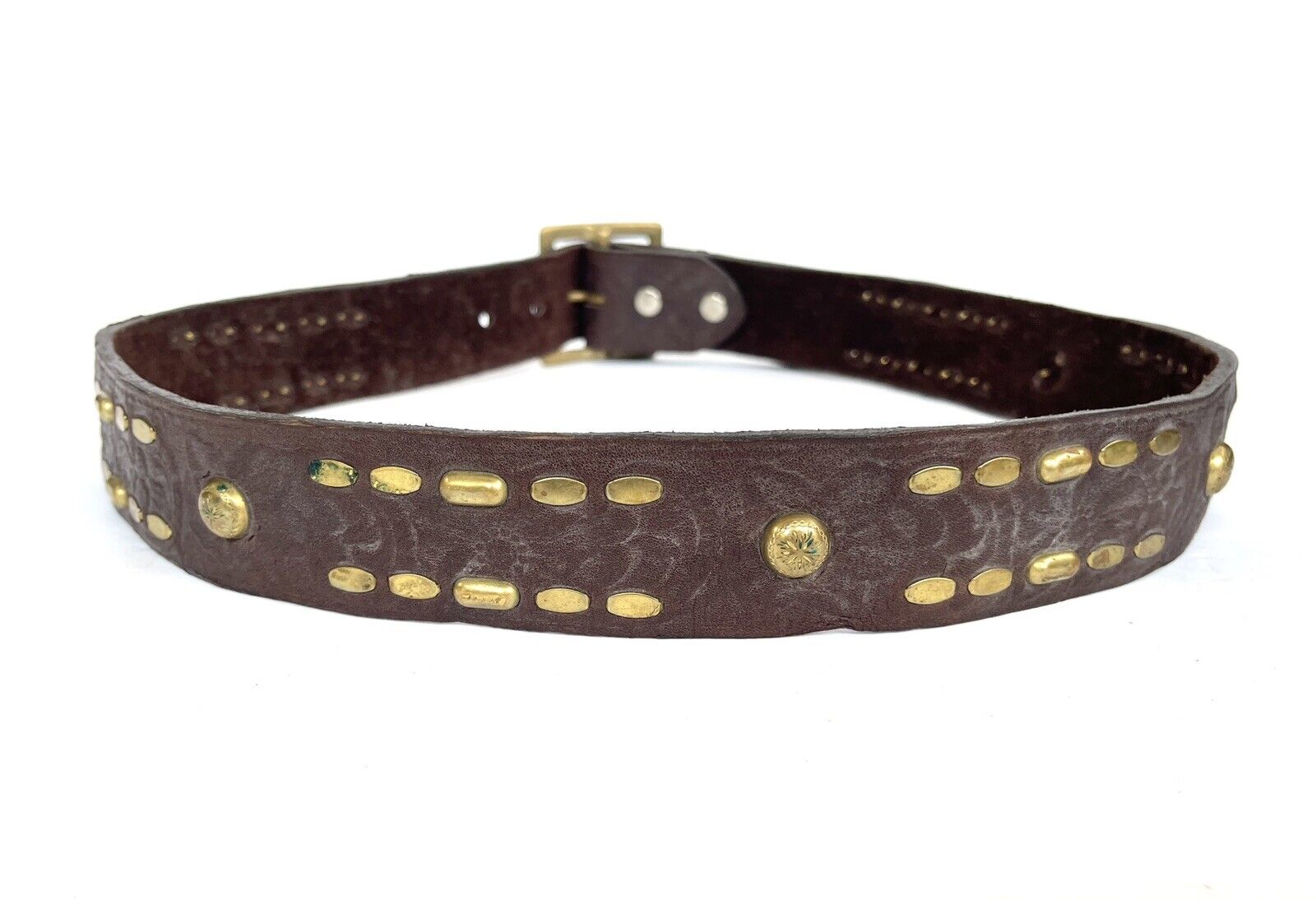 100% Cowhide High Quality Soft Leather , Brown Belt, Brass Studs Small Medium