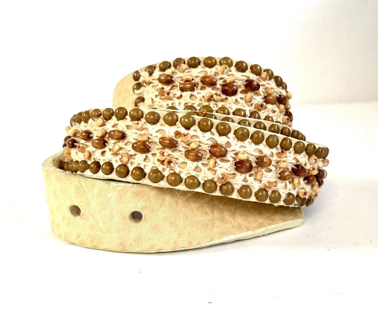 99 Cents Bid Start! S M Upcycled Leather And Wood Beads Belt Cream By Nyovee 32