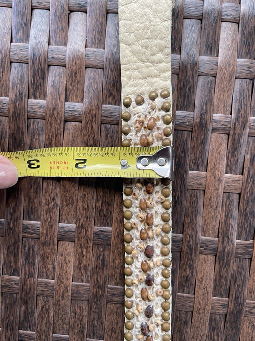 99 Cents Bid Start! S M Upcycled Leather And Wood Beads Belt Cream By Nyovee 32