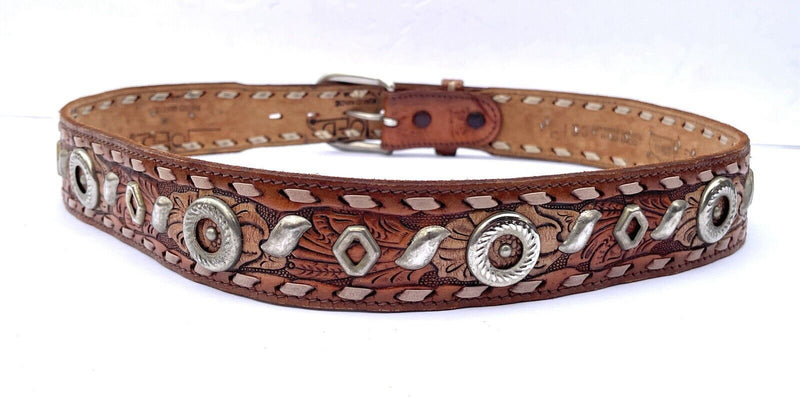 70’s Vintage Embossed Tooled Brown Leather Belt   1970s Joed Chambers Studded 34