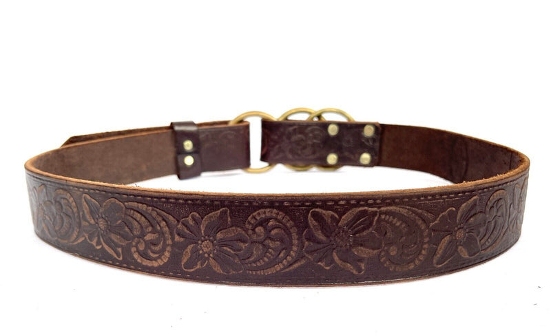 Nyovee Brown Leather Embossed Floral Waist Belt.  Ring Buckle. Small 32