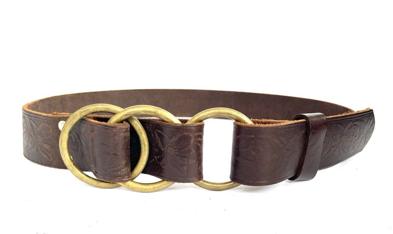 Nyovee Brown Leather Embossed Floral Waist Belt.  Ring Buckle. Small 32