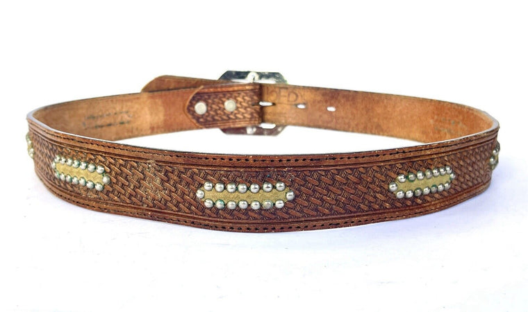 Joed Vintage Brown Embossed Birds Leather With Studs Basket Weave Belt  Size 34