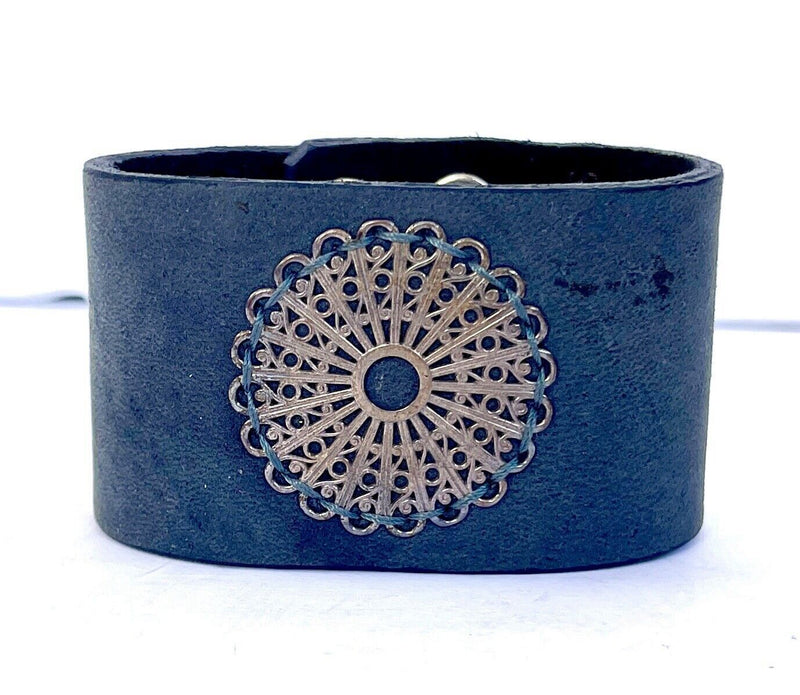 Nyovee Upcycled  Blue Leather & .925 Filigree Silver Cuff Bracelet